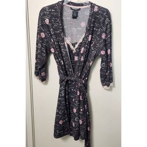 Laura Ashley Womens M Nightgown & Robe Set Black Floral Paris Print Lace Leisure